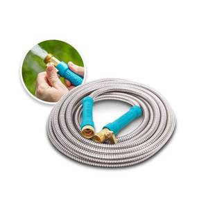 lot 3275 image: Aqua Joe AJSGH100-MAX Heavy-Duty Puncture Proof Kink-Free Garden Hose, 100-Foot, 12-Inch, wBrass Fitting & OnOff Valve, Spiral Constructed 304-Stainless Steel Metal