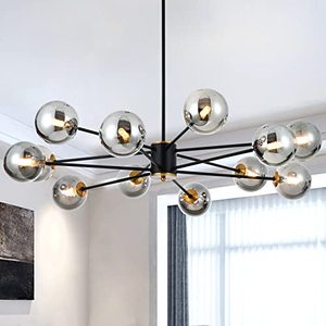 lot 3280 image: WOKNOS Modern Large Glass Globe Sputnik Chandelier, 12-Light Magic Bean Chandeliers Black and Gold Hanging Pendant Light for Living Room, Dining Room, Kitchen, Staircase