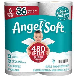 lot 3284 image: 12 Rolls Angel Soft 2-Ply Mega Roll Bathroom Tissue - 6.0 ea