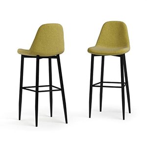 lot 3313 image: SIMPLIHOME Laurel 28 Inch Mid Century Modern Bar Stool (Set of 2) in Acid Green Linen Look Fabric, For the Dining Room and Kitchen