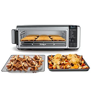 lot 3314 image: Ninja SP101 Digital Air Fry Countertop Oven with 8-in-1 Functionality, Flip Up & Away Capability for Storage Space, with Air Fry Basket, Wire Rack & Crumb Tray, Silver