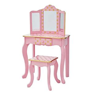 lot 3353 image: Teamson Kids Pretend Play Kids Vanity, Table & Chair Vanity Set with Mirror, Girls Makeup Dressing Table with Storage Drawer & Polka Dot Print, Gisele Collection, PinkGold