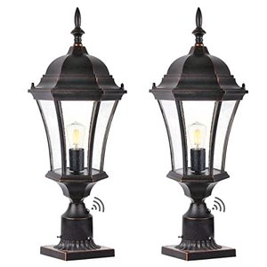 lot 3354 image: GOALPLUS Dusk to Dawn Post Light, 20 High Outdoor Post Lantern with Pier Mount Base, Exterior Waterproof Bronze Lamp Post Light Fixture with Photocell, Seeded Glass Shade, 2 Pack, LMMS4610-S-2P