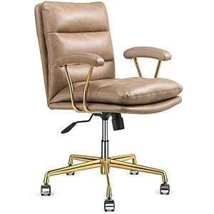 lot 3357 image: LEAGOO Mid Back Home Office Desk Task Chair with Wheels and Arms Ergonomic PU Leather Computer Rolling Swivel Chair with Padded Armrest (Khaki)