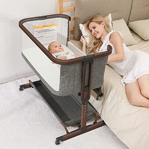 lot 3363 image: AMKE 3 in 1 Baby Bassinets,All-mesh Bedside Sleeper for Baby,Baby Cradle with Storage Basket, Easy to Assemble Bassinet for NewbornInfant, Adjustable Bedside Crib,Safe Baby Bed,Travel Bag Included