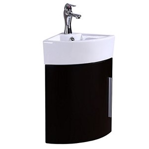 lot 3369 image: Myrtle Corner Wall Mount Vanity Sink 16.5 W Compact White Heavy Duty Grade A Vitreous China Sink With Black Vanity Cabinet, Chrome Faucet And Drain with Overflow Renovators Supply Manufacturing
