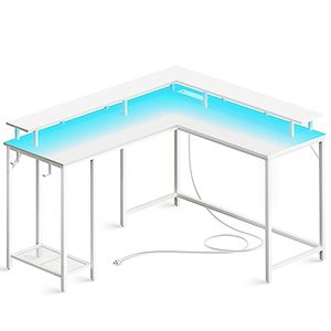 lot 3384 image: SUPERJARE L Shaped Computer Desk with Power Outlets & LED Lights, Gaming Desk with Monitor Stand & Storage Shelf, Home Office Desk Corner Desk with Hooks, White