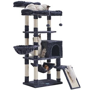 lot 3397 image: Hey-brother Multi-Level Cat Tree, Large Cat Tower with Bigger Hammock, 3 Cozy Perches, Scratching Posts, Stable for KittenGig Cat Smoky Gray MPJ0026G