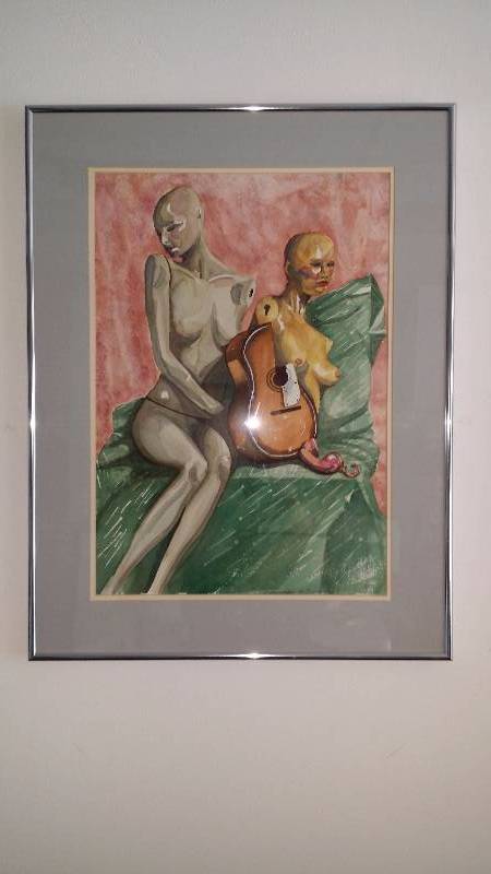 lot 1109 image: Original Surrealism Watercolor Painting, Signed W. Sands, Dated 1992, Surreal Mannequins Nudity, Beautifully Framed