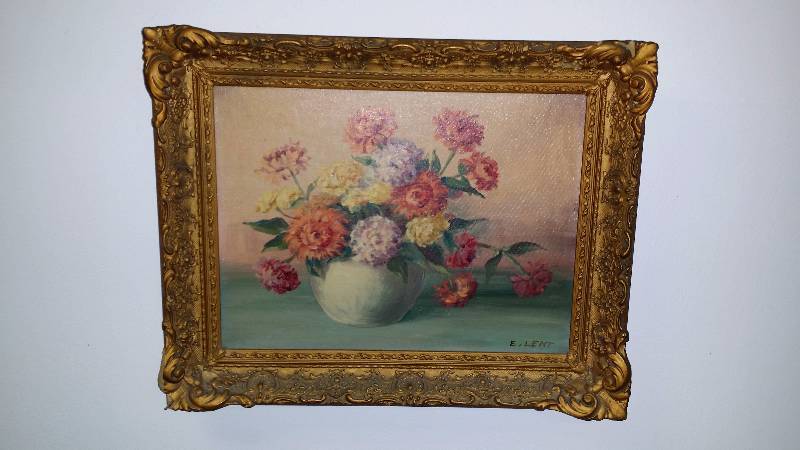 lot 1119 image: E. Lent - Original Still-Life Painting, Antique 1940s - 50s Gold Frame, Oil on Board