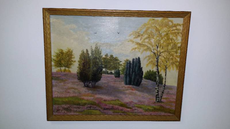 lot 1122 image: H. Ulhmann Original Oil Painting Lavender Landscape Oil on Board Original Frame Rare