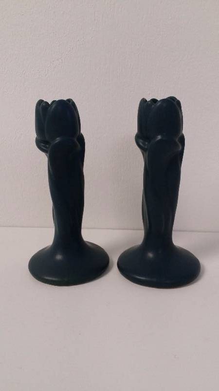 lot 1125 image: Van Briggle Pottery, Pair of Tulip Candle Holders in Dark GreenTurquoise, Vintage, Colorado