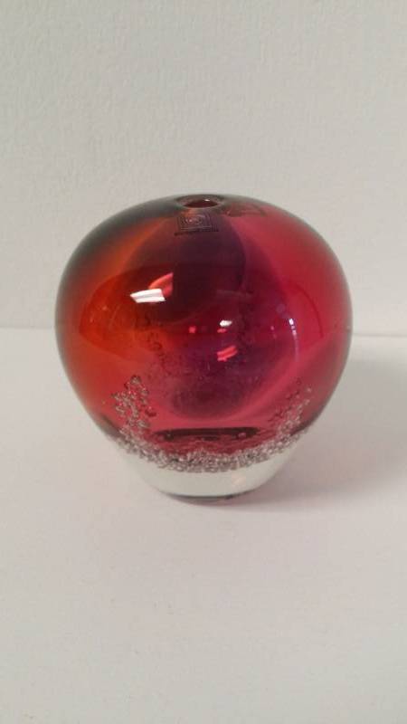 lot 1127 image: Buzz Blodgett Art Glass VasePaperweight, Heavy Hand-Blown Glass with Bubbles, Signed