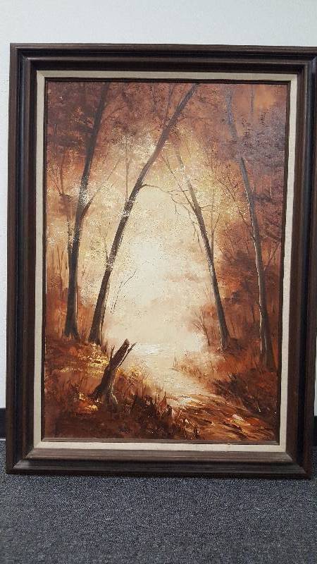 lot 1140 image: Original Eric C. Lewis Perez Forrest Landscape Painting on Canvas Framed Signed