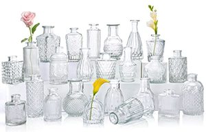lot 1003 image: CUCUMI 24 Glass Bud Vase Set, Small Vases for Flowers, Clear Bud Vases for Centerpieces Mini Flower Vases in Bulk for Rustic Wedding Decorations Vintage Look Home Table Decor Retail $38.99