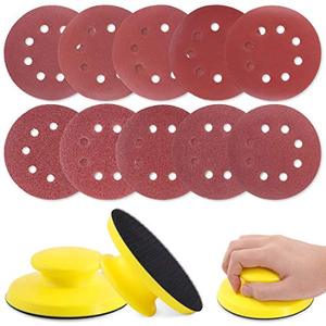 lot 1015 image: Glarks 62Pcs 5 Inch Hook and Loop Hand Sanding Block Round Sanding Pad Hook Backing Plate with 60Pcs 8 Hole Hook and Loop Sanding Disc Set for Craft, Woodworking, Furniture Repairing (5 Inch) Retail $22.98