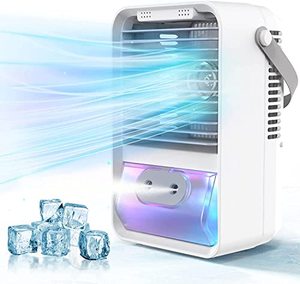 lot 1018 image: Portable Air Conditioners, Evaporative USB Personal Air Cooler, 4 in 1 Mini Desktop Spray Fan, 3 Speeds Air Cooler Humidifier with 7 Color Light and 3 Levels Brightness Adjustment for Home, Office Retail $42.99