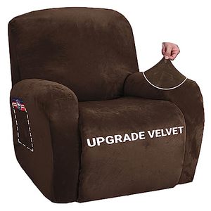lot 1026 image: Stretch Velvet Recliner Covers 4-Pieces, Thicker Soft Plush Recliner Chair Slipcover with Side Pockets, Washable Luxury Dog Cat Pets Proof Reclining Protector (Recliner, Dark Coffee) Retail $19.98