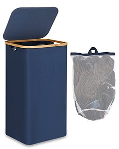 lot 1043 image: efluky Large Laundry Hamper with Lid, 100L Tall Laundry Basket with Bamboo Handles for Clothes and Toys, Freestanding Collapsible Laundry Hamper with Inner Bag for Bedroom and Bathroom, Blue Retail $31.93