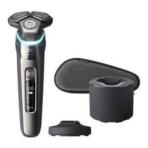 lot 1047 image: Philips Norelco 9800 Rechargeable Wet & Dry Electric Shaver with Quick Clean, Travel Case, Pop up Trimmer, Charging Stand, S998785 Retail $259.96