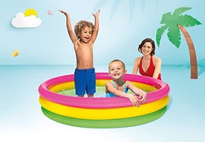 lot 1048 image: Intex Sunset Glow Inflatable Pool 58in x 13in - 3 Ring Soft Floor - 73 gal Capacity - Repair Patch Included Retail $25.20