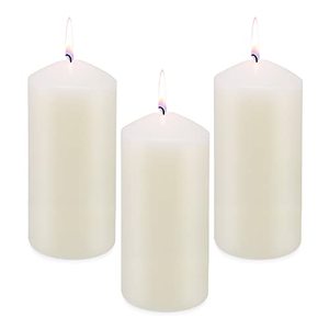 lot 1058 image: MISSYO Ivory Tapered Pillar Candles, 3 x 6 Inches Unscented Candles for Home Restaurant Weddings Church - 3 Packs Retail $19.97