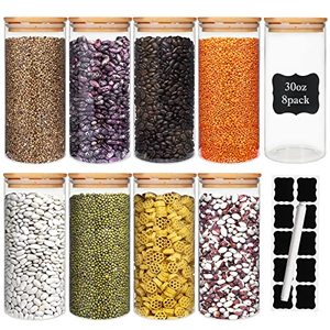 lot 1063 image: Glass Food Storage Containers Jars with Airtight Bamboo Lid 30oz 8pcs, 890ml Pantry Organization Jar, Glass Terrarium with Lid, Spice, Tea, Flour and Sugar Container, Canister Set for Kitchen Counter Retail $43.99
