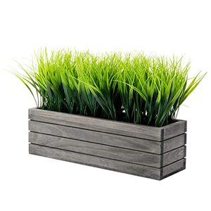 lot 1064 image: MyGift Artificial Faux Grass Plant in Vintage Gray Wood Rectangular Crate Style Planter Window Box Retail $39.99