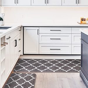 lot 1071 image: Dephora Kitchen Rugs and Mats Washable 2 Pieces Moroccan Rug Set Water Absorb Microfiber Non-Slip Rug Set for Kitchen Floor Front of Sink, Hallway, Laundry Room 24x1620x31, Grey Retail $40.99