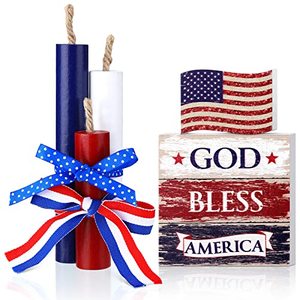 lot 1077 image: 5 Pieces July 4th Patriotic Tiered Tray Decor Independence Day Wood Signs Tiered Tray Decor 4th of July Patriotic Mini Wood Book Stack Farmhouse Rustic God Bless America Decorations Retail $16.59