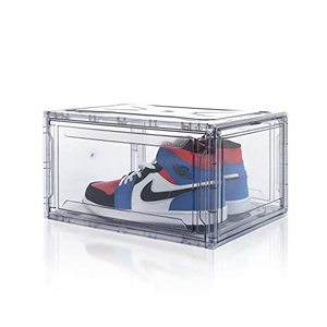 lot 1084 image: 1 Pack Shoe Boxes, Clear Acrylic Plastic Shoe Boxes Stackable Shoe Storage with Magnetic Front Door, Space-Saving Foldable Drop Front Shoe Storage Boxes Container for Display Sneakers, Fits Up to Size 14 Retail $25.99