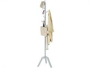 lot 1089 image: Sywhitta Coat Rack Stand, Premium Bamboo Free Standing Coat Rack with 6 Hooks, Easy Installation Clothes Hanger Stand, Grey Retail $19.99