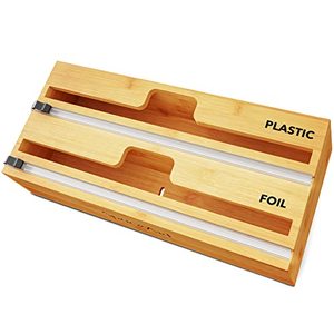 lot 1107 image: SpaceAid WrapNeat 2 in 1 Wrap Organizer with Cutter and Labels, Plastic Wrap, Aluminum Foil and Wax Bamboo Dispenser for Kitchen Storage Organization Holder for 12 Roll (Natural) Retail $36.98