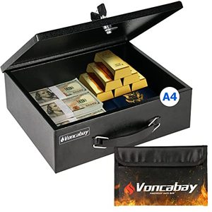 lot 1116 image: Voncabay Money Safe Box for Home & Fireproof Money Bag for Cash Safe, Portable Fireproof Document Box with Keys, 0.33 Cubic Feet Lock Box with Hand Grip for Personal Items, Cash,Jewelry, Gun Retail $39.23