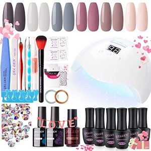 lot 1127 image: Gellen Gel Nail Polish Kit with UV Light 54W Nail Lamp, 6 Gel Nail Colors, No Wipe Base Coat Glossy  Matte Top Coat, Nail Art Decorations, Manicure Tools, All-In-One Manicure Kit, Nude Grays Retail $39.99