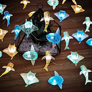 lot 1132 image: Nautical theme Sea Life Decorative Fairy String Lights, Whale Shark, Sunfish, Manta Ray Cute Novelty Marine Lights 30 LEDs 10 ft USB or Battery Operated for Bedroom Classroom Beach Aquarium Wall Decor Retail $15.99