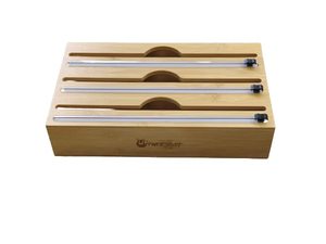 lot 1144 image: Pace Box 3 in 1 Bamboo Aluminum Foil and Plastic Wrap Dispenser with Cutter and Label for Kitchen Drawer Roll Organizer Holder, ����bamboo Wood, 3 Wrap Option Retail $34.99