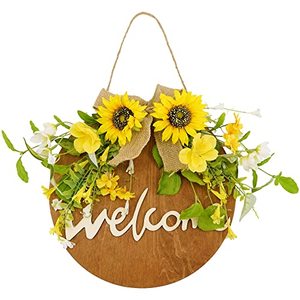 lot 1151 image: YNYLCHMX Summer Spring Welcome Sign for Front Door, Round Wooden Hanging Sign for Outdoor, Porch, Indoor, Farmhouse Front Door Decor with Sunflowers Retail $9.99