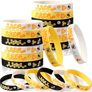 lot 1155 image: Bee Bracelet Silicone Bee Wristband Assorted Color Bee Theme Party Favors Bee Teachers Decorations Classroom Decorations Bees Wristband for Boy Girl Bee Birthday Baby Shower Party Supply (48 Pieces) Retail $15.99