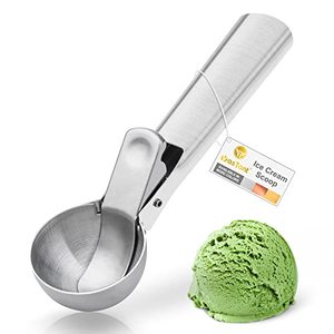 lot 1160 image: YasTant Premium Ice Cream Scoop with Trigger Ice Cream Scooper Stainless Steel, Heavy Duty Metal Icecream Scoop Spoon Dishwasher Safe, Perfect for Frozen Yogurt, Gelatos, Sundaes, Medium Silver Retail $8.98