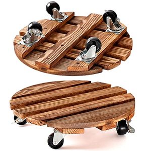 lot 1167 image: 2 Pack Plant Caddy Wooden 12 Inch Plant Stand with Wheels Heavy Duty Rolling Plant Stand Round Plant Dolly Rollers Cart with Metal Lockable Casters for OutdoorIndoor Large Plant PotFlower PotPatio. Retail $35.99