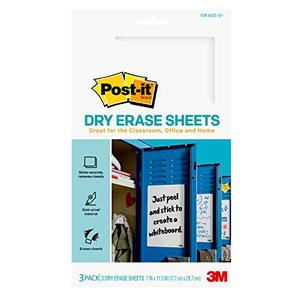 lot 1190 image: (3-Pack) Post-it Dry Erase Sheets, 7 in x 11.3 in, Sticks Securely and Removes Cleanly (3x-3PK), White Retail $26.98