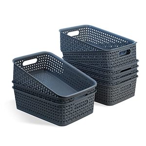 lot 1204 image: 8 Pack Plastic Storage Baskets - Small Pantry Organization and Storage Bins for Bathroom, Kitchen,Shelves,Closet, Laundry Room��Bedroom, Classroom,Playroom Retail $18.99