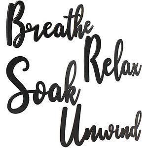 lot 1208 image: 3 Pieces Bathroom Decor Wooden Bathroom Sign Soak Relax Unwind Plaque Wall Arts Decorations Cutout Farmhouse Sign for Bathroom Toilet Dressing Room Laundry Room (Black) Retail $15.99