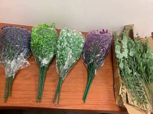 lot 1213 image: Variety flower pack Purple, Fushia, White, Green & Eucalyptus Artificial Greenery, Fake Bell Grass Flowers Indoor Outdoor Retail $51.95