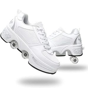 lot 1225 image: Double-Row Deform Wheel Automatic Walking Shoes Invisible Deformation Roller Skate 2 in 1 Removable Pulley Skates Skating Parkour (White Silver, US 6) Retail $99.99