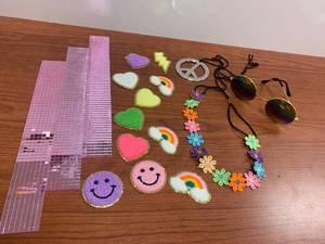 lot 1226 image: Groovy Set - 60s 70s Style Retro Vintage Variety Pack Glasses Peace Sign Necklace Daisy Crown Hair Band Chenille Appliqu�s Mirrored Pink Stick on Adhesive Disco Ball Tile square Strips Retail $29.99