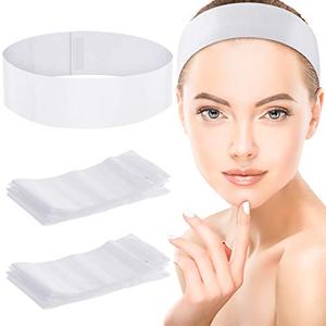 lot 1229 image: WILLBOND 90 Pieces Disposable Facial Headbands Spa Stretch Non-Woven Facial Hair Band Skin Care Headbands with Soft Convenient Closure for Women Girls Salons (White) Retail $22.99