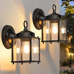 lot 1236 image: MATAMEYE Outdoor Wall Lantern, Exterior Waterproof Wall Sconce Light Fixtures, Black Front Door Wall Lighting with Clear Beveled Glass Shade, Anti-Rust E26 Socket Porch Lights for Entryway, 2 Pack Retail $29.99