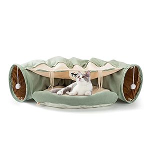 lot 1242 image: Cat Bed, Cat Tunnel with Cushion Mat, Pet Cave Bed with 2 Hanging Scratching Balls, Soft and Cosy Cat Tunnel Bed, Cat Tunnel for Indoor Cats(Light Green) Retail $45.99